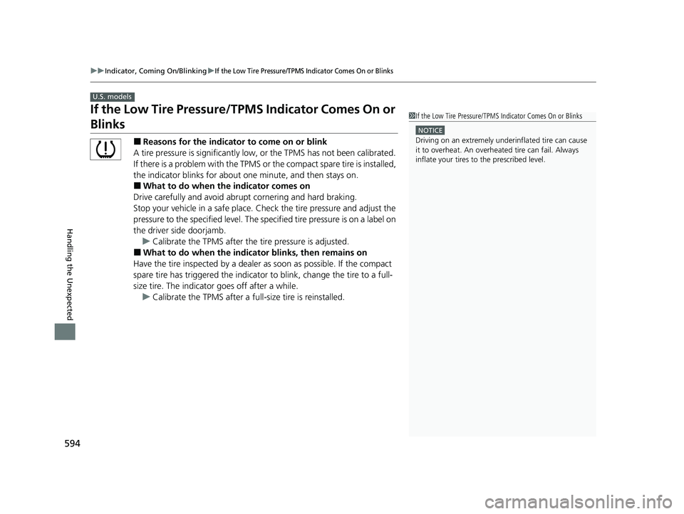 HONDA CIVIC SEDAN 2021 Owners Manual (in English) 594
uuIndicator, Coming On/Blinking uIf the Low Tire Pressure/TPMS Indicator Comes On or Blinks
Handling the Unexpected
If the Low Tire Pressure/TPMS Indicator Comes On or
Blinks
■Reasons for the i HONDA CIVIC SEDAN 2021 Owners Manual (in English) 594
uuIndicator, Coming On/Blinking uIf the Low Tire Pressure/TPMS Indicator Comes On or Blinks
Handling the Unexpected
If the Low Tire Pressure/TPMS Indicator Comes On or
Blinks
■Reasons for the i