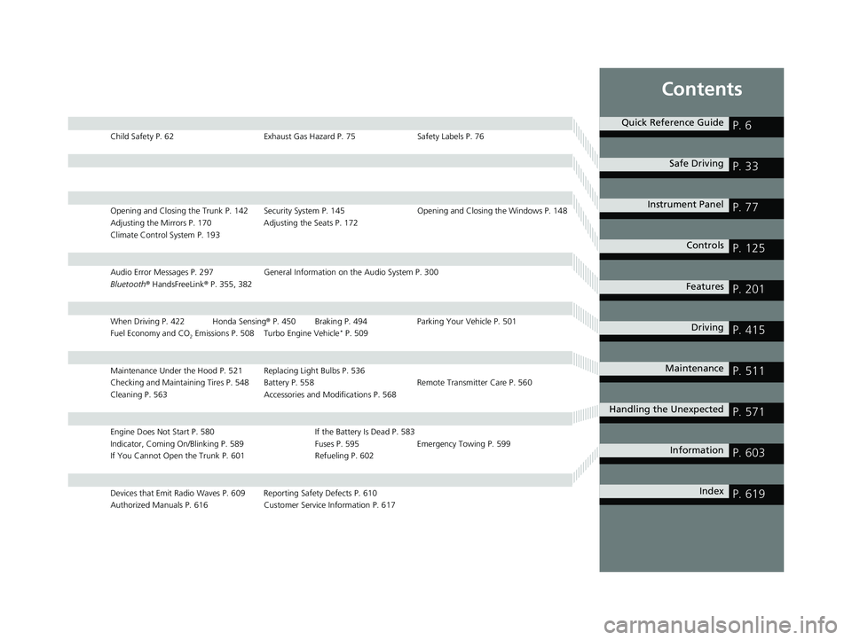 HONDA CIVIC SEDAN 2021  Owners Manual (in English) Contents
Child Safety P. 62Exhaust Gas Hazard P. 75Safety Labels P. 76
Opening and Closing the Trunk P. 142 Security System P. 145 Opening and Closing the Windows P. 148
Adjusting the Mirrors P. 170 A