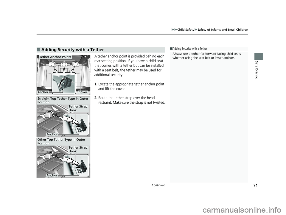 HONDA CIVIC SEDAN 2021 (in English) Manual PDF Continued71
uuChild Safety uSafety of Infants and Small Children
Safe DrivingA tether anchor point is provided behind each
rear seating position. If you have a child seat
that comes with a tether b HONDA CIVIC SEDAN 2021 (in English) Manual PDF Continued71
uuChild Safety uSafety of Infants and Small Children
Safe DrivingA tether anchor point is provided behind each
rear seating position. If you have a child seat
that comes with a tether b