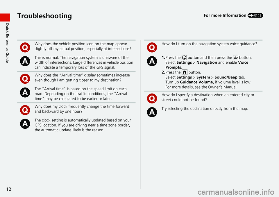 HONDA CIVIC SEDAN 2021  Navigation Manual (in English) 12
Quick Reference GuideTroubleshootingFor more Information (P121)
Why does the vehicle position icon on the map appear 
slightly off my actu al position, especially at intersections?
This is normal. 