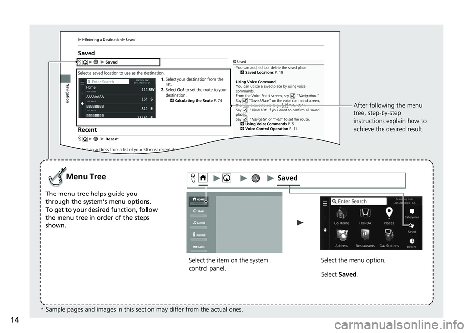 HONDA CIVIC SEDAN 2021  Navigation Manual (in English) 14
uuEnterin g a Destination uSave d
Navigation
Saved
H uu Saved
Select  a saved lo cation to use  as the destination.
1. Select your destination from the 
list.
2. Select  Go! to set the route to you