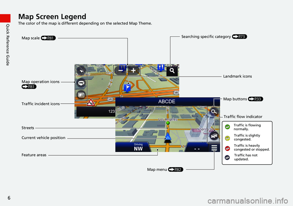 HONDA CIVIC SEDAN 2021  Navigation Manual (in English) 6
Quick Reference GuideMap Screen Legend
The color of the map is different depending on the selected Map Theme.
Map operation icons 
(P81)Map menu (P82)
Map scale 
(P81)
Current vehicle position Stree