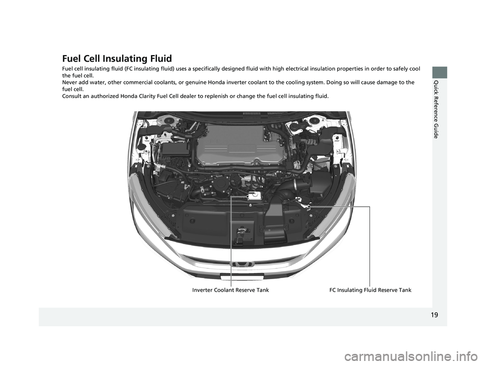 HONDA CLARITY FUEL CELL 2021 (in English) Owners Guide 19
Quick Reference Guide
Fuel Cell Insulating Fluid
Fuel cell insulating fluid (FC insulating fluid) uses a specifically designed fluid with high electrical insulation properties in order to safely co HONDA CLARITY FUEL CELL 2021 (in English) Owners Guide 19
Quick Reference Guide
Fuel Cell Insulating Fluid
Fuel cell insulating fluid (FC insulating fluid) uses a specifically designed fluid with high electrical insulation properties in order to safely co