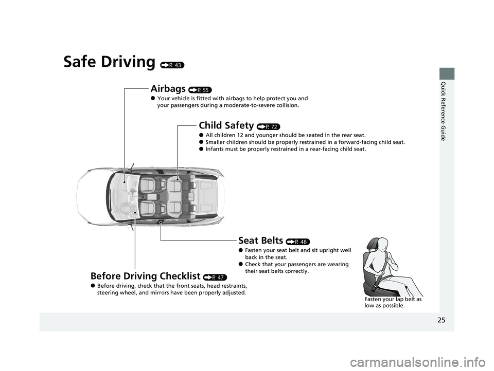 HONDA CLARITY FUEL CELL 2021 (in English) Owners Guide 25
Quick Reference Guide
Safe Driving (P 43)
Airbags (P 55)
●Your vehicle is fitted with airbags to help protect you and
your passengers during a moderate-to-severe collision.
Child Safety (P 72)
HONDA CLARITY FUEL CELL 2021 (in English) Owners Guide 25
Quick Reference Guide
Safe Driving (P 43)
Airbags (P 55)
●Your vehicle is fitted with airbags to help protect you and
your passengers during a moderate-to-severe collision.
Child Safety (P 72)