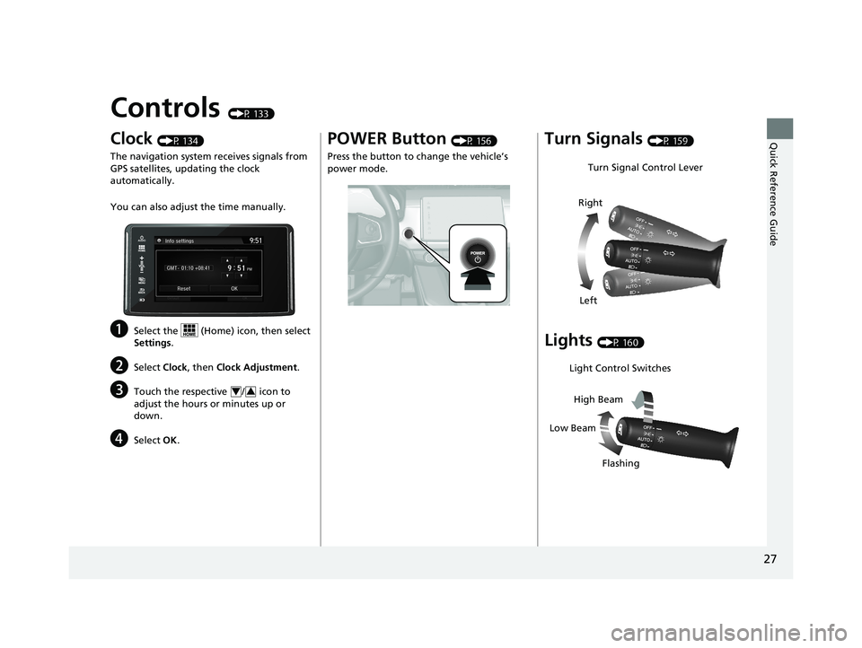 HONDA CLARITY FUEL CELL 2021  Owners Manual (in English) 27
Quick Reference Guide
Controls (P 133)
Clock (P 134)
The navigation system receives signals from 
GPS satellites, updating the clock 
automatically.
You can also adjust  the time manually.
aSelect 