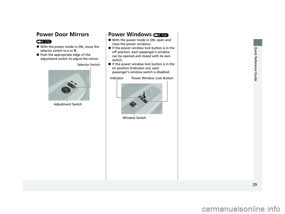 HONDA CLARITY FUEL CELL 2021 (in English) Owners Guide 29
Quick Reference Guide
Power Door Mirrors
(P 173)
●With the power mode in ON, move the
selector switch to L or R .
●Push the appropriate edge of the
adjustment switch to adjust the mirror.
Se HONDA CLARITY FUEL CELL 2021 (in English) Owners Guide 29
Quick Reference Guide
Power Door Mirrors
(P 173)
●With the power mode in ON, move the
selector switch to L or R .
●Push the appropriate edge of the
adjustment switch to adjust the mirror.
Se