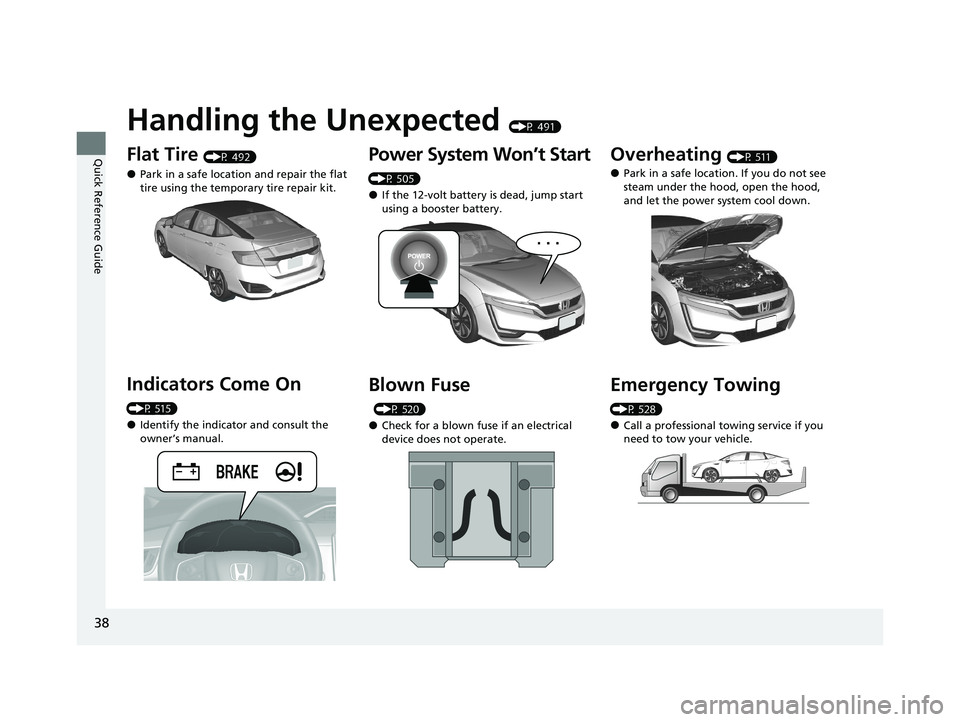 HONDA CLARITY FUEL CELL 2021 (in English) Owners Guide 38
Quick Reference Guide
Handling the Unexpected (P 491)
Flat Tire (P 492)
●Park in a safe location and repair the flat
tire using the temporary tire repair kit.
Indicators Come On
(P 515)
●Iden HONDA CLARITY FUEL CELL 2021 (in English) Owners Guide 38
Quick Reference Guide
Handling the Unexpected (P 491)
Flat Tire (P 492)
●Park in a safe location and repair the flat
tire using the temporary tire repair kit.
Indicators Come On
(P 515)
●Iden