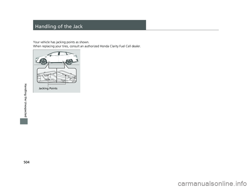 HONDA CLARITY FUEL CELL 2021  Owners Manual (in English) 504
Handling the Unexpected
Handling of the Jack
Your vehicle has jacking points as shown.
When replacing your tires, consult an authorized Honda  Clarity Fuel Cell dealer.
Jacking Points
21 CLARITY F