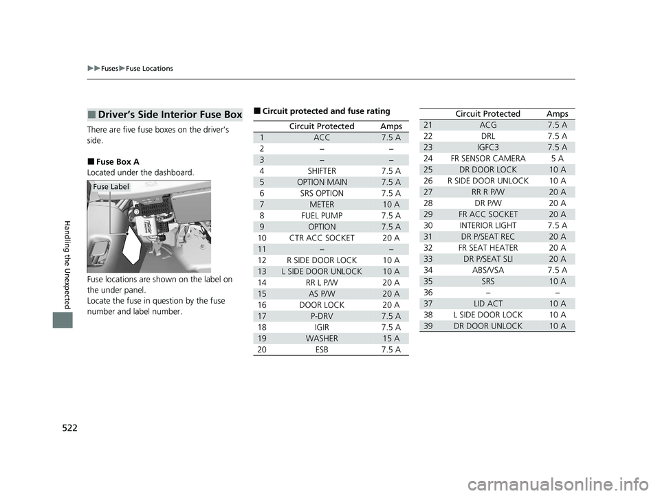 HONDA CLARITY FUEL CELL 2021 Owners Manual (in English) 522
uuFuses uFuse Locations
Handling the Unexpected
There are five fuse boxes on the driver’s
side.
■Fuse Box A
Located under the dashboard.
Fuse locations are shown on the label on
the under pa HONDA CLARITY FUEL CELL 2021 Owners Manual (in English) 522
uuFuses uFuse Locations
Handling the Unexpected
There are five fuse boxes on the driver’s
side.
■Fuse Box A
Located under the dashboard.
Fuse locations are shown on the label on
the under pa