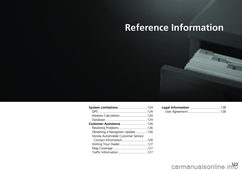 HONDA CLARITY FUEL CELL 2021  Navigation Manual (in English) 123
Reference Information
System Limitations................................124
GPS ......................................................124
Address Calculation ..............................124
Data