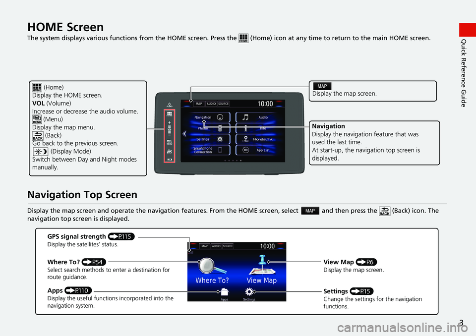HONDA CLARITY FUEL CELL 2021 Navigation Manual (in English) 3
Quick Reference GuideHOME Screen
The system displays various functions from the HOME screen. Press the (Home) icon at any time to return to the main HOME scree n.
Navigation Top Screen
Display HONDA CLARITY FUEL CELL 2021 Navigation Manual (in English) 3
Quick Reference GuideHOME Screen
The system displays various functions from the HOME screen. Press the (Home) icon at any time to return to the main HOME scree n.
Navigation Top Screen
Display
