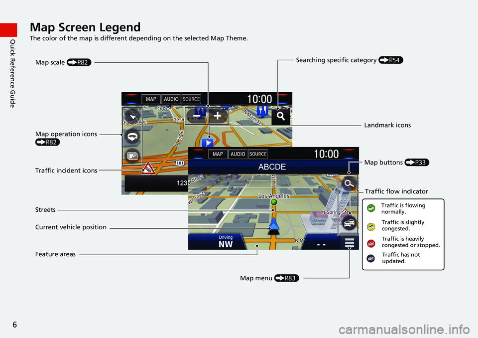 HONDA CLARITY FUEL CELL 2021  Navigation Manual (in English) 6
Quick Reference GuideMap Screen Legend
The color of the map is different depending on the selected Map Theme.
Map operation icons 
(P82)Map menu (P83)
Map scale 
(P82)
Current vehicle position Stree