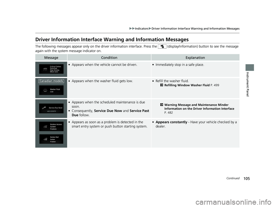 HONDA CLARITY PLUG-IN 2021  Owners Manual (in English) 105
uuIndicators uDriver Information Interface Wa rning and Information Messages
Continued
Instrument Panel
Driver Information Interface Warning and Information Messages
The following messages appear 