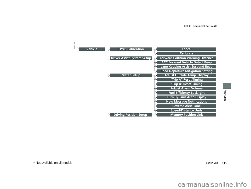 HONDA CLARITY PLUG-IN 2021  Owners Manual (in English) 315
uuCustomized Features u
Continued
Features
Driver Assist System SetupForward Collision Warning Distance
ACC Forward Vehicle Detect Beep
Lane Keeping Assist Suspend Beep
Road Departure Mi tigation 