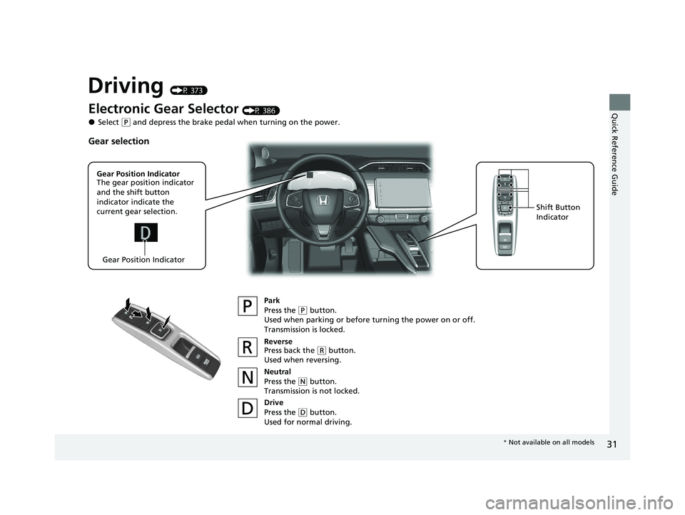 HONDA CLARITY PLUG-IN 2021  Owners Manual (in English) 31
Quick Reference Guide
Driving (P 373)
Electronic Gear Selector (P 386)
●Select (P and depress the brake pedal when turning on the power.
Park
Press the 
(P button.
Used when parking or before tur