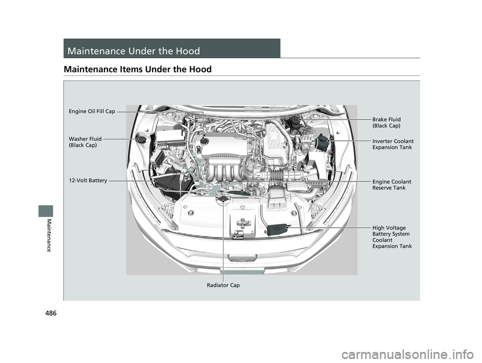 HONDA CLARITY PLUG-IN 2021  Owners Manual (in English) 486
Maintenance
Maintenance Under the Hood
Maintenance Items Under the Hood
Washer Fluid 
(Black Cap)
12-Volt BatteryBrake Fluid 
(Black Cap)
Inverter Coolant 
Expansion Tank
Engine Coolant 
Reserve T