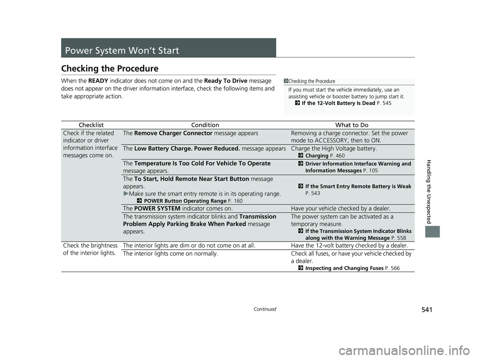 HONDA CLARITY PLUG-IN 2021 Owners Manual (in English) 541Continued
Handling the Unexpected
Power System Won’t Start
Checking the Procedure
When the READY indicator does not come on and the Ready To Drive message
does not appear on the driver informat HONDA CLARITY PLUG-IN 2021 Owners Manual (in English) 541Continued
Handling the Unexpected
Power System Won’t Start
Checking the Procedure
When the READY indicator does not come on and the Ready To Drive message
does not appear on the driver informat