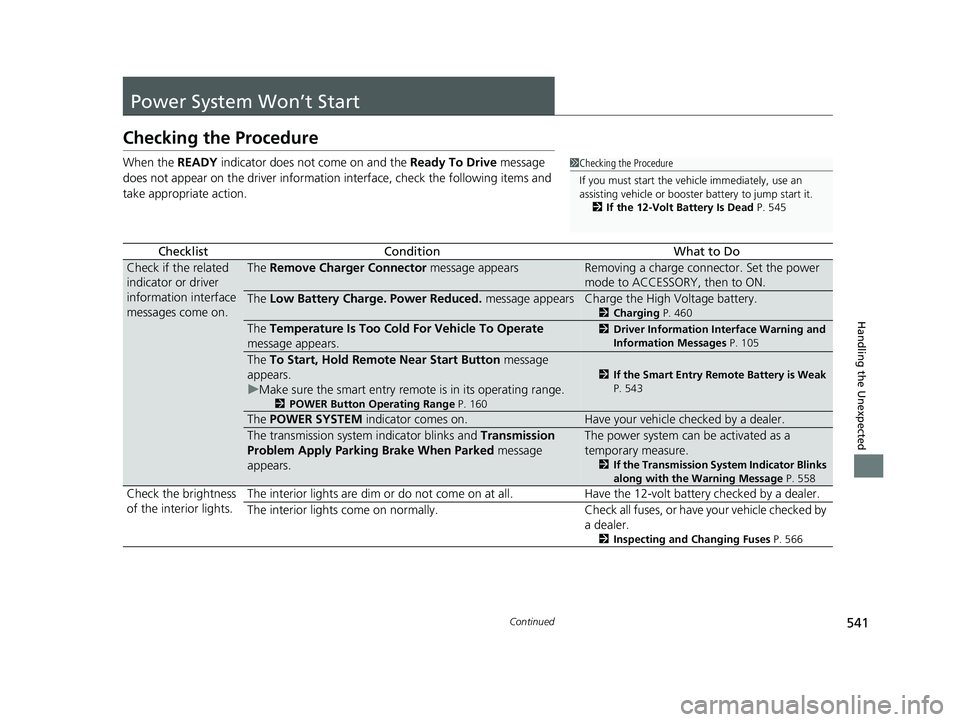 HONDA CLARITY PLUG-IN 2021  Owners Manual (in English) 541Continued
Handling the Unexpected
Power System Won’t Start
Checking the Procedure
When the READY indicator does not come on and the  Ready To Drive message 
does not appear on the driver informat