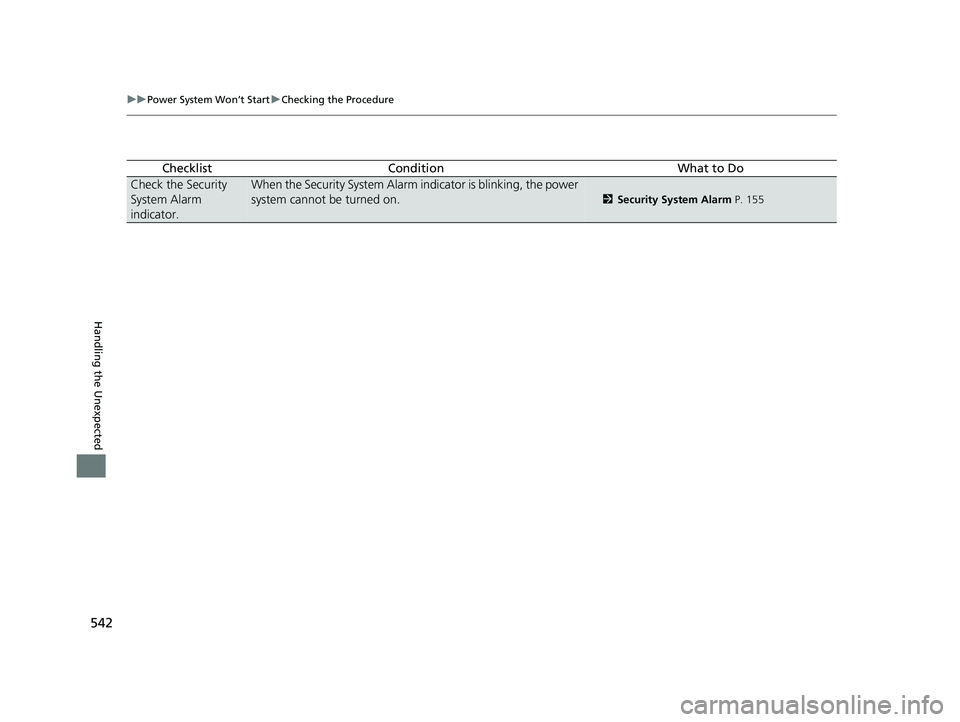 HONDA CLARITY PLUG-IN 2021  Owners Manual (in English) 542
uuPower System Won’t Start uChecking the Procedure
Handling the Unexpected
ChecklistConditionWhat to Do
Check the Security 
System Alarm 
indicator.When the Security System Alarm indicator is bl