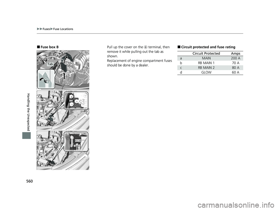 HONDA CLARITY PLUG-IN 2021 Owners Manual (in English) 560
uuFuses uFuse Locations
Handling the Unexpected
■Fuse box B
Tab
Pull up the cover on the + terminal, then
remove it while pulling out the tab as
shown.
Replacement of engine compartment fuses HONDA CLARITY PLUG-IN 2021 Owners Manual (in English) 560
uuFuses uFuse Locations
Handling the Unexpected
■Fuse box B
Tab
Pull up the cover on the + terminal, then
remove it while pulling out the tab as
shown.
Replacement of engine compartment fuses