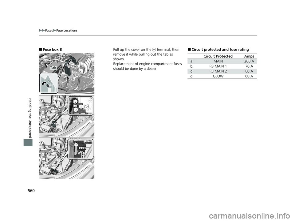 HONDA CLARITY PLUG-IN 2021  Owners Manual (in English) 560
uuFuses uFuse Locations
Handling the Unexpected
■Fuse box B
Tab
Pull up the cover on the  + terminal, then 
remove it while pulling out the tab as 
shown.
Replacement of engine compartment fuses