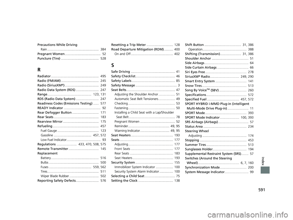 HONDA CLARITY PLUG-IN 2021 Owners Manual (in English) 591
Index
Precautions While DrivingRain ........................................................ 384
Pregnant Women ....................................... 52
Puncture (Tire) ....................... HONDA CLARITY PLUG-IN 2021 Owners Manual (in English) 591
Index
Precautions While DrivingRain ........................................................ 384
Pregnant Women ....................................... 52
Puncture (Tire) .......................