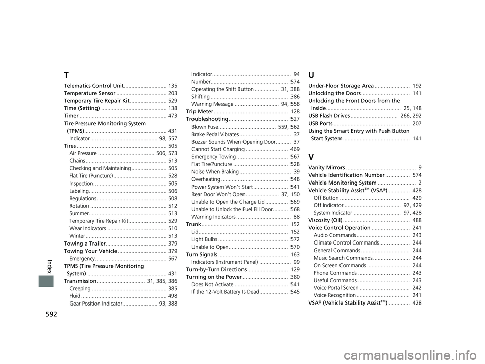 HONDA CLARITY PLUG-IN 2021 Owners Manual (in English) 592
Index
T
Telematics Control Unit............................ 135
Temperature Sensor ................................. 203
Temporary Tire Repair Kit ........................ 529
Time (Setting) ..... HONDA CLARITY PLUG-IN 2021 Owners Manual (in English) 592
Index
T
Telematics Control Unit............................ 135
Temperature Sensor ................................. 203
Temporary Tire Repair Kit ........................ 529
Time (Setting) .....