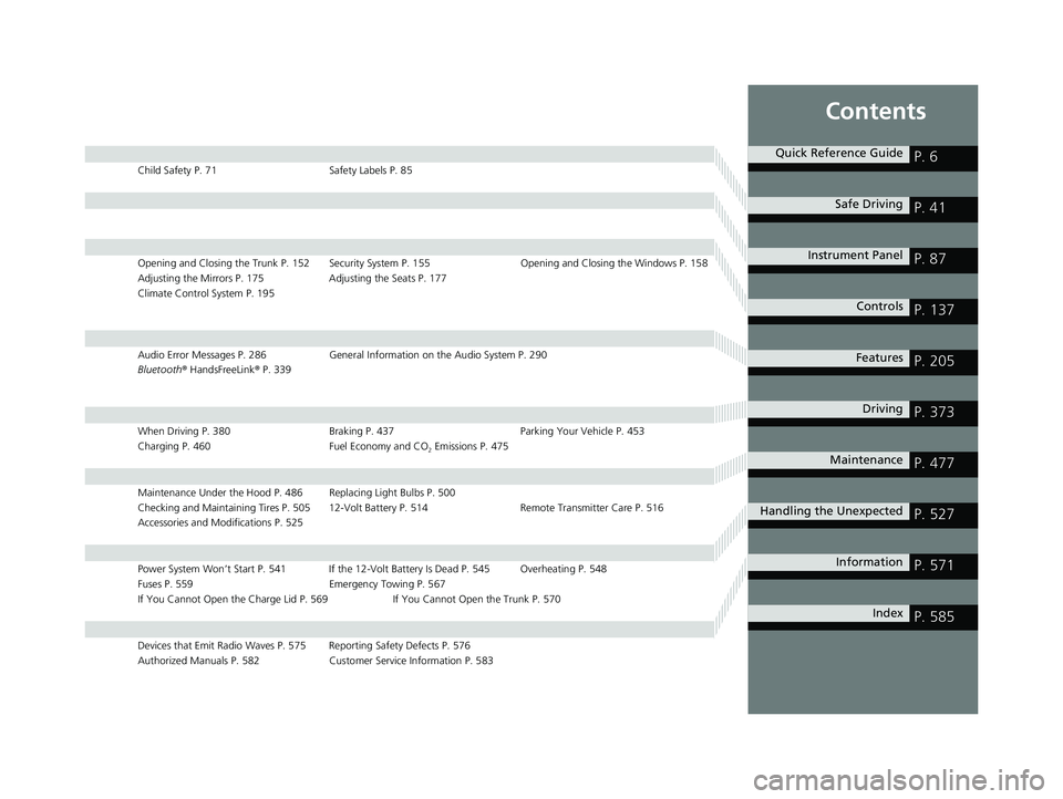 HONDA CLARITY PLUG-IN 2021 Owners Manual (in English) Contents
Child Safety P. 71Safety Labels P. 85
Opening and Closing the Trunk P. 152 Security System P. 155 Opening and Closing the Windows P. 158
Adjusting the Mirrors P. 175 Adjusting the Seats P. 17 HONDA CLARITY PLUG-IN 2021 Owners Manual (in English) Contents
Child Safety P. 71Safety Labels P. 85
Opening and Closing the Trunk P. 152 Security System P. 155 Opening and Closing the Windows P. 158
Adjusting the Mirrors P. 175 Adjusting the Seats P. 17
