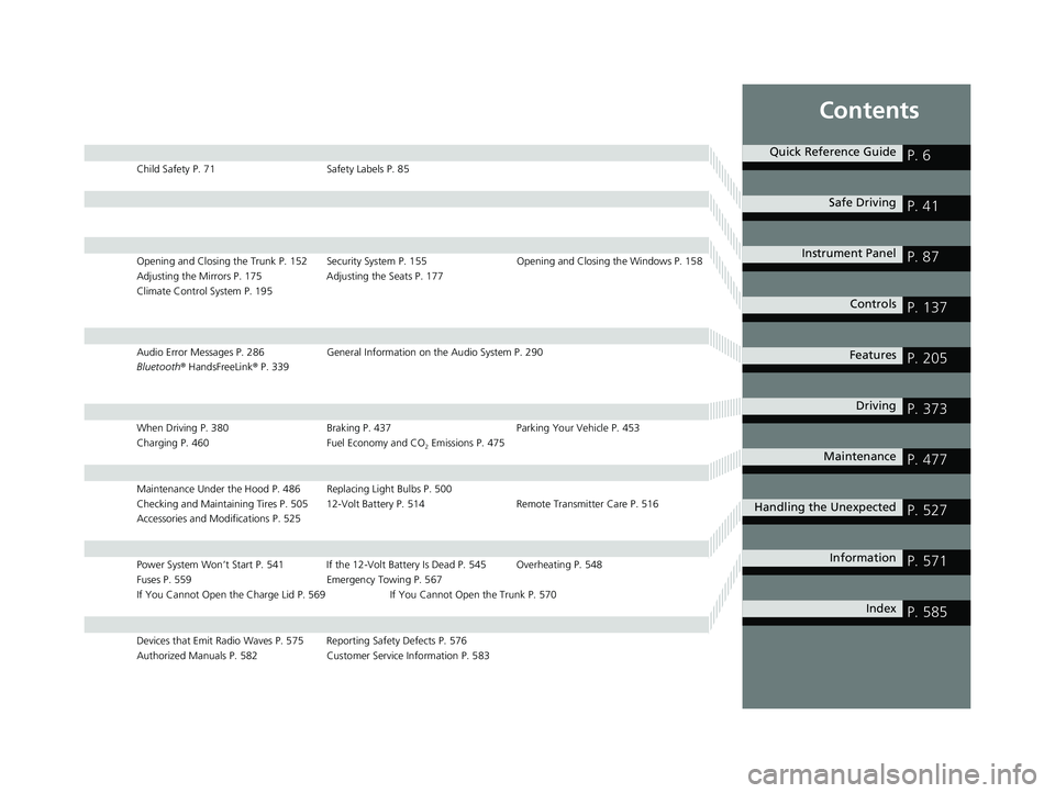 HONDA CLARITY PLUG-IN 2021  Owners Manual (in English) Contents
Child Safety P. 71Safety Labels P. 85
Opening and Closing the Trunk P. 152 Security System P. 155 Opening and Closing the Windows P. 158
Adjusting the Mirrors P. 175 Adjusting the Seats P. 17