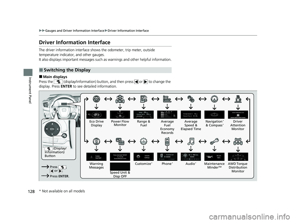 HONDA CR-V 2021  Owners Manual (in English) 128
uuGauges and Driver Information Interface uDriver Information Interface
Instrument Panel
Driver Information Interface
The driver information interface shows the odometer, trip meter, outside 
temp