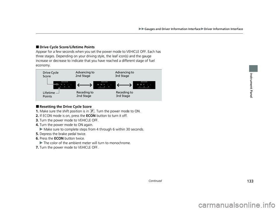 HONDA CR-V 2021 Owners Manual (in English) 133
uuGauges and Driver Information Interface uDriver Information Interface
Continued
Instrument Panel
■Drive Cycle Score/Lifetime Points
Appear for a few seconds when you set th e power mode to VEH HONDA CR-V 2021 Owners Manual (in English) 133
uuGauges and Driver Information Interface uDriver Information Interface
Continued
Instrument Panel
■Drive Cycle Score/Lifetime Points
Appear for a few seconds when you set th e power mode to VEH