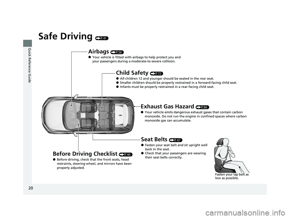 HONDA CR-V 2021  Owners Manual (in English) 20
Quick Reference Guide
Safe Driving (P41)
Airbags (P56)
●Your vehicle is fitted with airbags to help protect you and 
your passengers during a moderate-to-severe collision.
Child Safety (P72)
●A