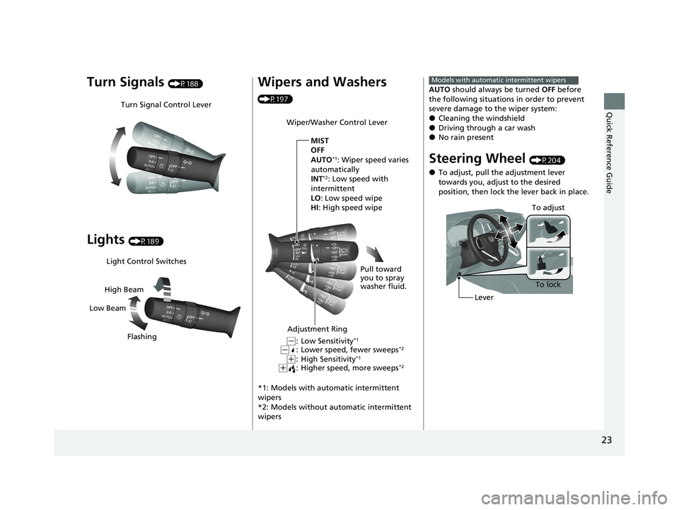 HONDA CR-V 2021  Owners Manual (in English) 23
Quick Reference Guide
Turn Signals (P188)
Lights (P189)
Turn Signal Control Lever
Light Control Switches
Low Beam High Beam
Flashing
Wipers and Washers 
(P197)
*1: Models with automatic intermitten