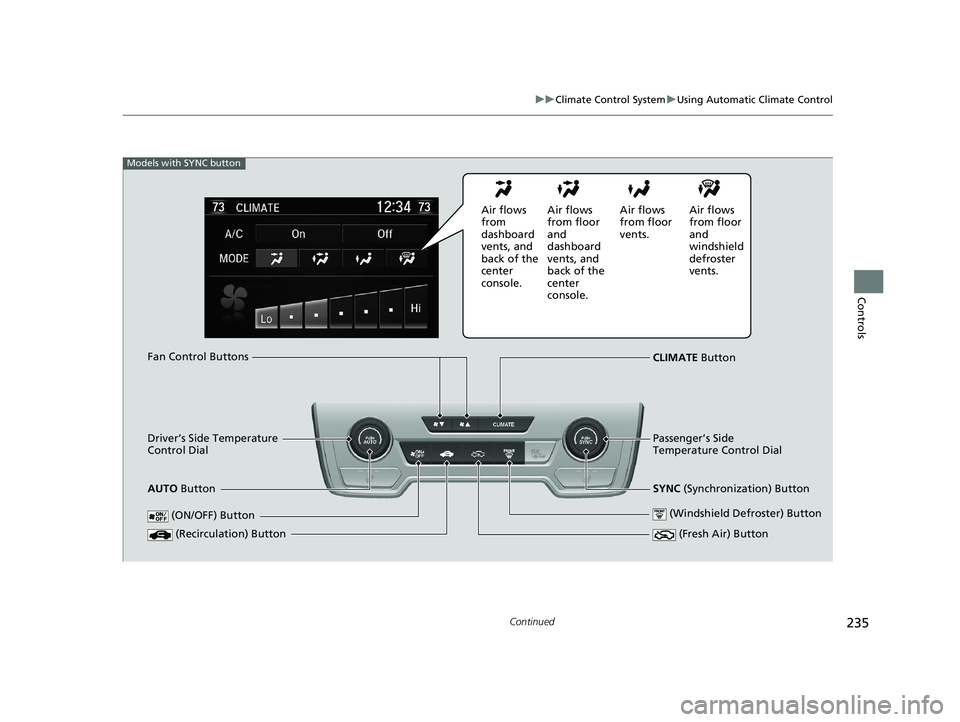 HONDA CR-V 2021 Owners Manual (in English) 235
uuClimate Control System uUsing Automatic Climate Control
Continued
Controls
Driver’s Side Temperature
Control Dial Fan Control Buttons
CLIMATE Button
Passenger’s Side
Temperature Control Di HONDA CR-V 2021 Owners Manual (in English) 235
uuClimate Control System uUsing Automatic Climate Control
Continued
Controls
Driver’s Side Temperature
Control Dial Fan Control Buttons
CLIMATE Button
Passenger’s Side
Temperature Control Di