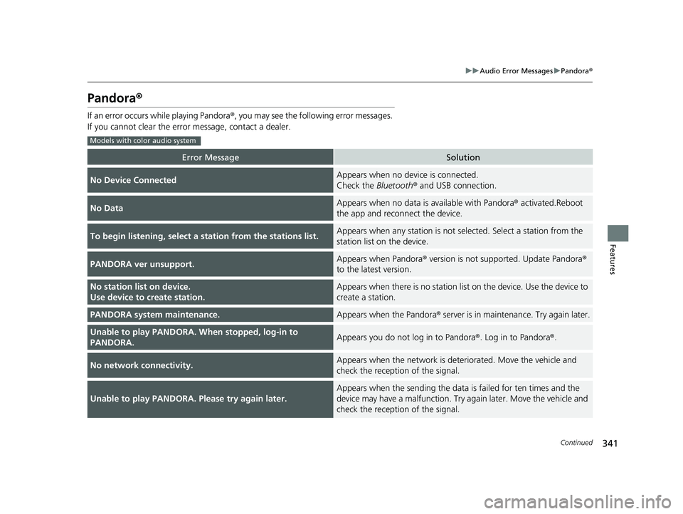 HONDA CR-V 2021 (in English) Owners Guide 341
uuAudio Error Messages uPandora ®
Continued
Features
Pandora ®
If an error occurs while playing Pandora ®, you may see the following error messages.
If you cannot clear the error message, cont HONDA CR-V 2021 (in English) Owners Guide 341
uuAudio Error Messages uPandora ®
Continued
Features
Pandora ®
If an error occurs while playing Pandora ®, you may see the following error messages.
If you cannot clear the error message, cont