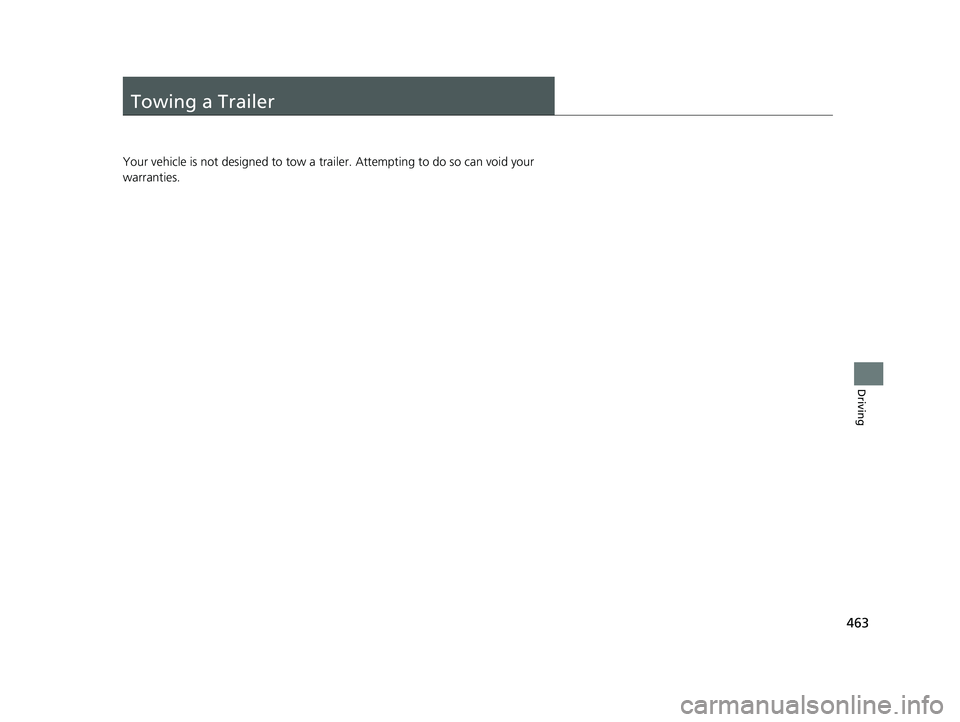 HONDA CR-V 2021  Owners Manual (in English) 463
Driving
Towing a Trailer
Your vehicle is not designed to tow a trailer. Attempting to do so can void your 
warranties.
21 CR-V HYBRID HMIN-31TPG6100.book  463 ページ  ２０２０年９月１�