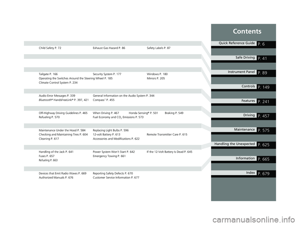 HONDA CR-V 2021  Owners Manual (in English) Contents
Child Safety P. 72Exhaust Gas Hazard P. 86Safety Labels P. 87
Tailgate P. 166 Security System P. 177 Windows P. 180
Operating the Switches Around the Steering Wheel P. 185 Mirrors P. 205
Clim