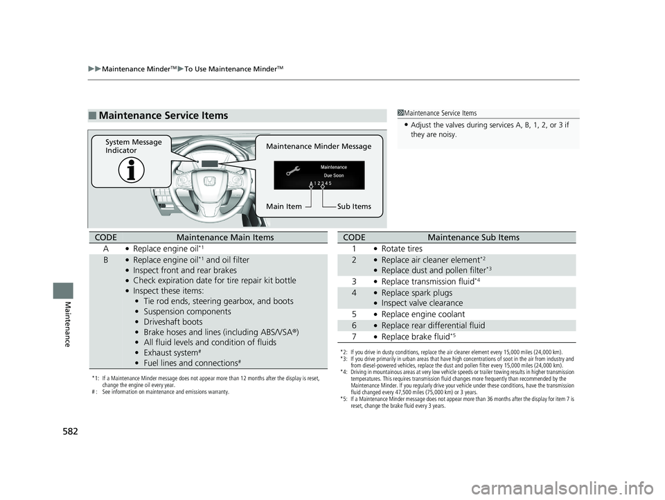 HONDA CR-V 2021  Owners Manual (in English) 582
uuMaintenance MinderTMuTo Use Maintenance MinderTM
Maintenance
■Maintenance Service Items1Maintenance Service Items
•Adjust the valves during services A, B, 1, 2, or 3 if 
they are noisy.
Main