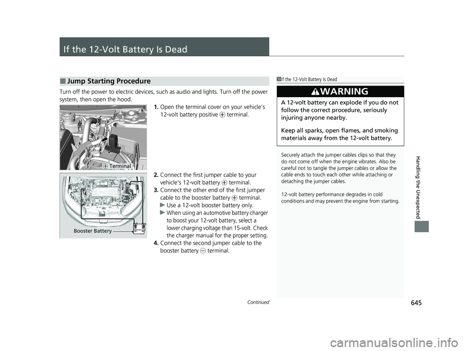 HONDA CR-V 2021 (in English) Owners Guide 645Continued
Handling the Unexpected
If the 12-Volt Battery Is Dead
Turn off the power to electric devices, such as audio and lights. Turn off the power
system, then open the hood. 1.Open the termina HONDA CR-V 2021 (in English) Owners Guide 645Continued
Handling the Unexpected
If the 12-Volt Battery Is Dead
Turn off the power to electric devices, such as audio and lights. Turn off the power
system, then open the hood. 1.Open the termina