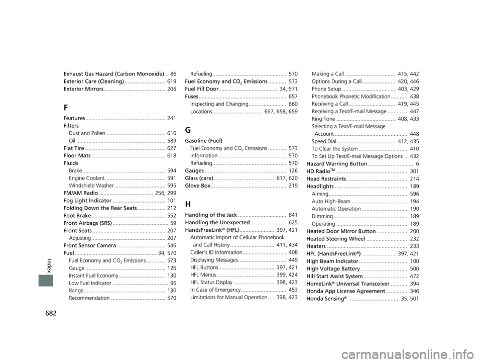 HONDA CR-V 2021  Owners Manual (in English) 682
Index
Exhaust Gas Hazard (Carbon Monoxide)..  86
Exterior Care (Cleaning) ........................... 619
Exterior Mirrors ......................................... 206
F
Features.................