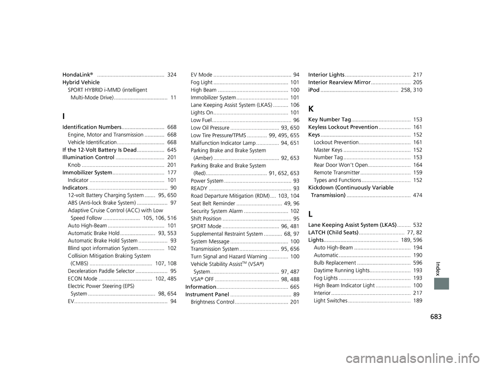 HONDA CR-V 2021  Owners Manual (in English) 683
Index
HondaLink®............................................  324
Hybrid Vehicle
SPORT HYBRID i-MMD (intelligent Multi-Mode Drive) ...................................  11
I
Identification Numbers