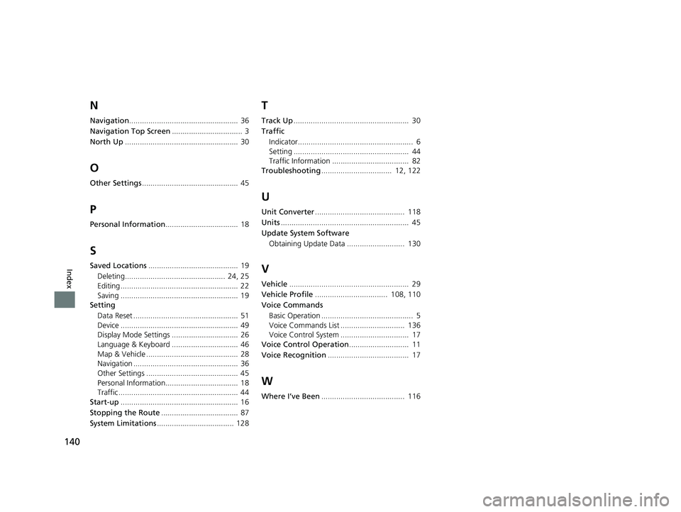 HONDA CR-V 2021  Navigation Manual (in English) 140
Index
N
Navigation...................................................  36
Navigation Top Screen .................................  3
North Up ..................................................... 