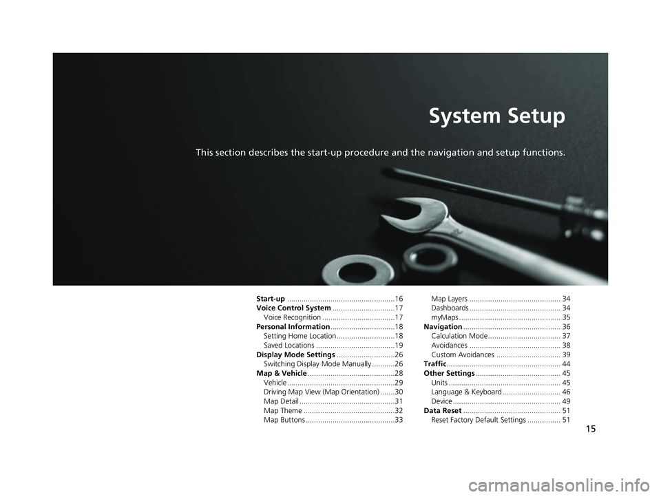 HONDA CR-V 2021  Navigation Manual (in English) 15
System Setup
This section describes the start-up procedure and the navigation and setup functions.
Start-up....................................................16
Voice Control System ..............