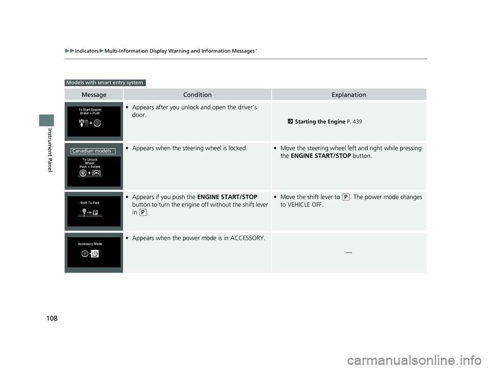 HONDA HR-V 2021   (in English) Owners Guide 108
uuIndicators uMulti-Information Display Warn ing and Information Messages*
Instrument Panel
MessageConditionExplanation
•Appears after you unlock and open the driver’s 
door.
2 Starting the En