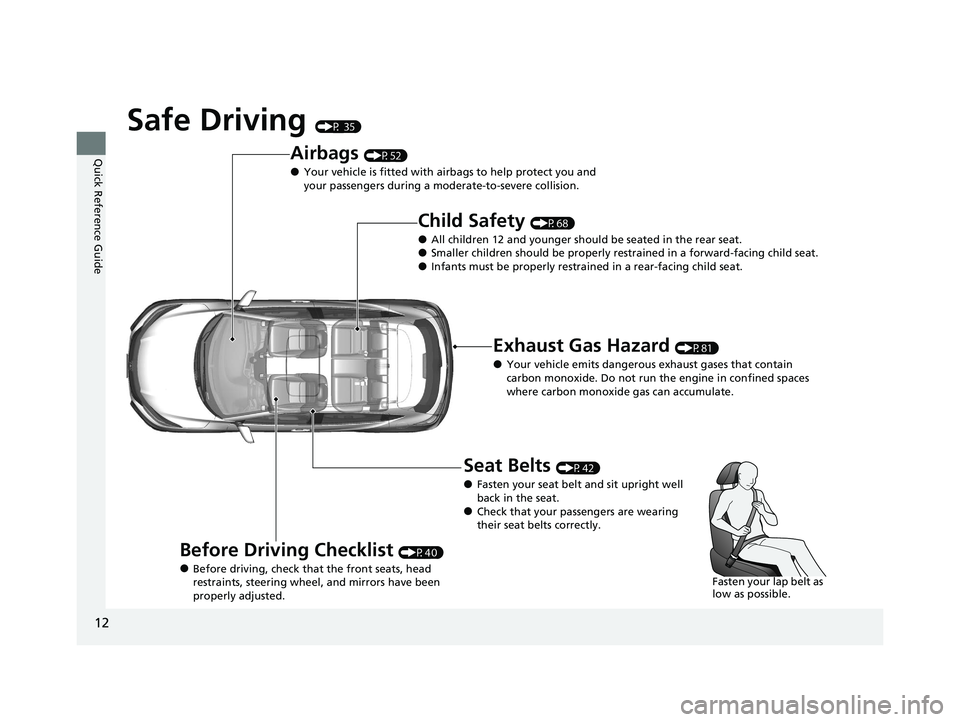 HONDA HR-V 2021  Owners Manual (in English) 12
Quick Reference Guide
Safe Driving (P 35)
Airbags (P52)
●Your vehicle is fitted with airbags to help protect you and 
your passengers during a moderate-to-severe collision.
Child Safety (P68)
●