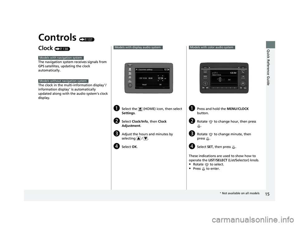 HONDA HR-V 2021  Owners Manual (in English) 15
Quick Reference Guide
Controls (P137)
Clock (P138)
The navigation system receives signals from 
GPS satellites, updating the clock 
automatically.
The clock in the multi-information display
*/
info