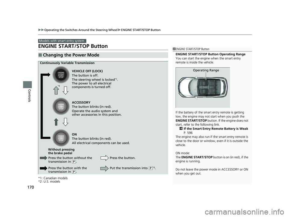 HONDA HR-V 2021  Owners Manual (in English) 170
uuOperating the Switches Around the Steering Wheel uENGINE START/STOP Button
Controls
ENGINE START/STOP Button
*1: Canadian models
*2: U.S. models
■Changing the Power Mode
Models with smart entr