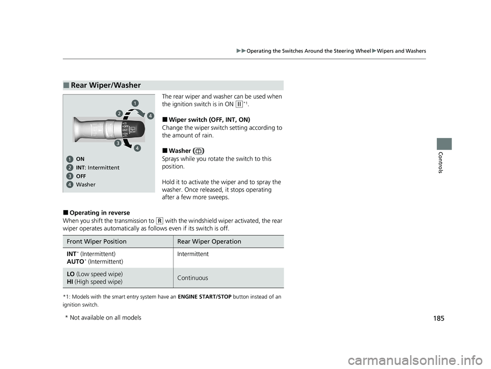 HONDA HR-V 2021 Owners Manual (in English) 185
uuOperating the Switches Around the Steering Wheel uWipers and Washers
Controls
The rear wiper and washer can be used when
the ignition switch is in ON
(w*1.
■Wiper switch (OFF, INT, ON)
Chang HONDA HR-V 2021 Owners Manual (in English) 185
uuOperating the Switches Around the Steering Wheel uWipers and Washers
Controls
The rear wiper and washer can be used when
the ignition switch is in ON
(w*1.
■Wiper switch (OFF, INT, ON)
Chang