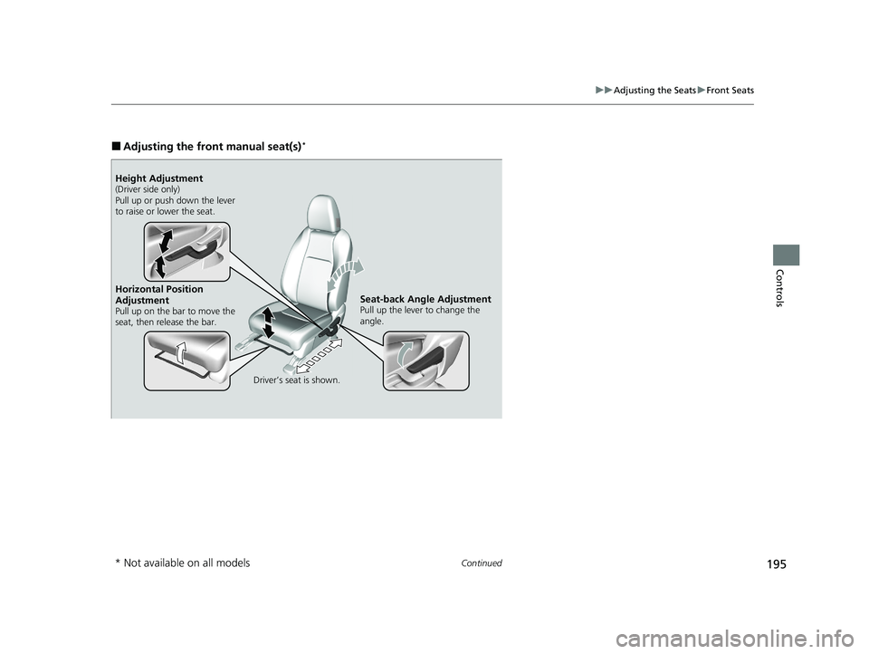 HONDA HR-V 2021 Owners Manual (in English) 195
uuAdjusting the Seats uFront Seats
Continued
Controls
■Adjusting the front manual seat(s)*
Horizontal Position
Adjustment
Pull up on the bar to move the
seat, then release the bar.
Driver’s HONDA HR-V 2021 Owners Manual (in English) 195
uuAdjusting the Seats uFront Seats
Continued
Controls
■Adjusting the front manual seat(s)*
Horizontal Position
Adjustment
Pull up on the bar to move the
seat, then release the bar.
Driver’s