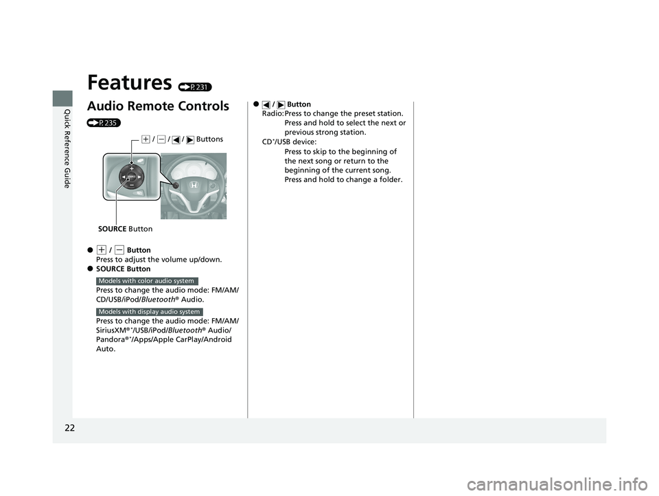 HONDA HR-V 2021   (in English) Owners Guide 22
Quick Reference Guide
Features (P231)
Audio Remote Controls 
(P235)
●(+ / (- Button
Press to adjust the volume up/down.
●SOURCE Button
Press to change the audio mode: FM/AM/
CD/USB/iPod/Bluetoo